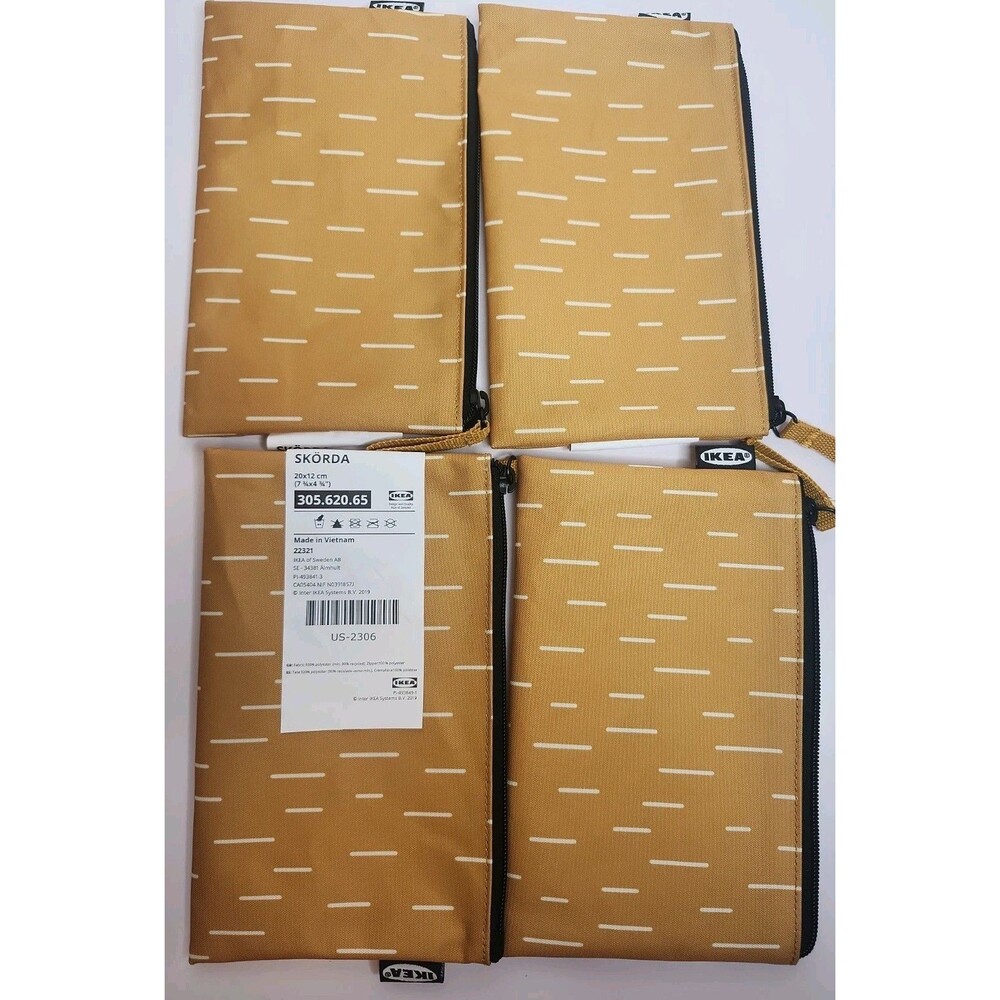 Lot Of 4 Ikea Skorda Accessory Bag Mustard Yellow & White 7 3/4" x 4 1/2" NWT